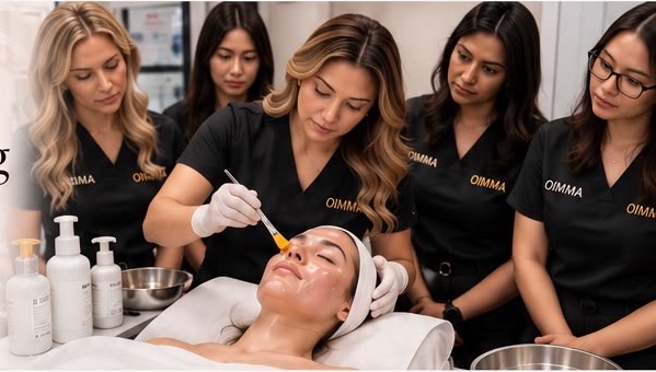 Students practicing an advanced skin treatment with an instructor
