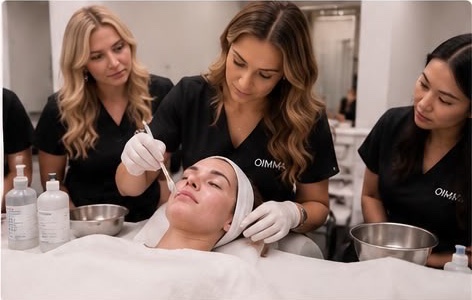 Students practicing an advanced skin treatment under instructor guidance